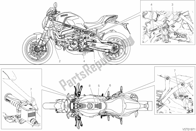 All parts for the Positioning Plates of the Ducati Monster 821 Stealth 2019